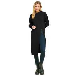 Davi & Dani Black Round Neck Split Long Sweater DWD42092